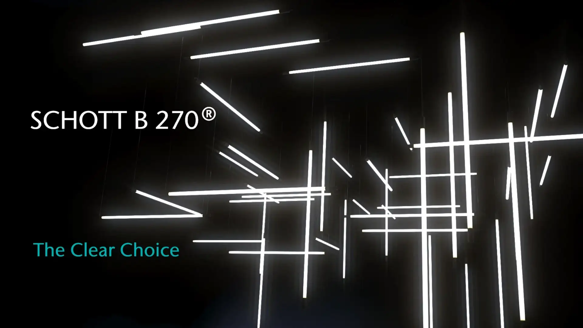 Un grand nombre de tubes fluorescents blancs flottant à différents niveaux et perpendiculaires les uns aux autres dans une pièce sombre. Devant, un texte en vol stationnaire : "SCHOTT B 270® - Le choix évident.